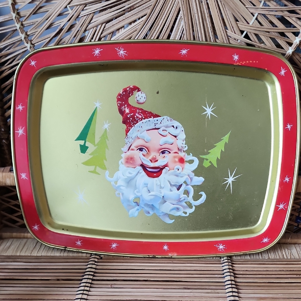 Vintage Mid Century Atomic Star Santa Claus Christmas TV Serving Tray Metal Tin